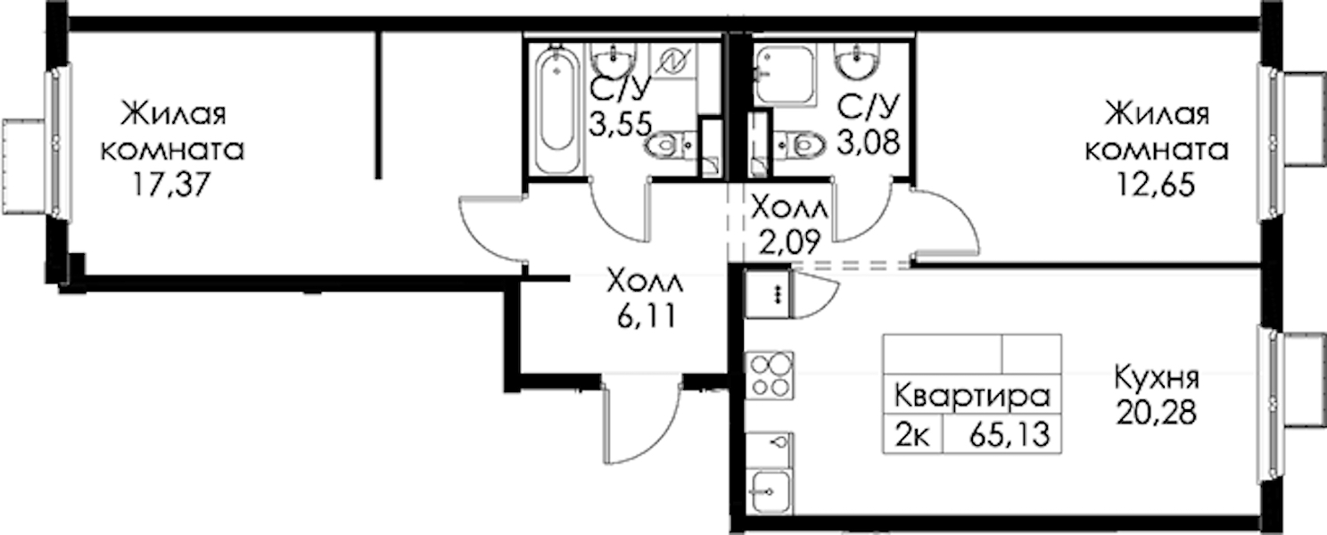 2-комнатная квартира 65.13 м², 13/15 эт., ЖК «Янинский лес»
